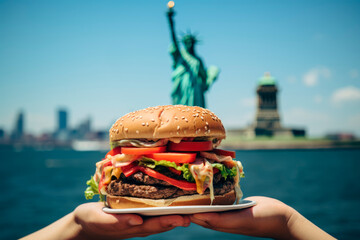 Iconic Burger: A Classic American Burger Presentation, with a Juicy Patty and Fresh Toppings, Against the Iconic Backdrop of the Statue of Liberty in New York City.

