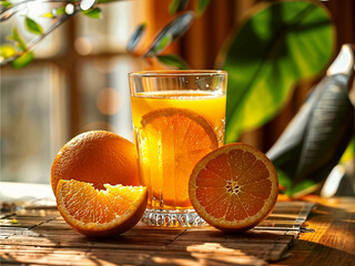 Zumo natural de naranja recién exprimido junto a naranjas frescas en una mesa de madera en vaso de cristal