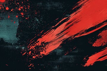 Black grunge background with a red brush stroke and splashes