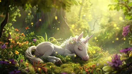 A sweet young unicorn lies dreaming in a forest, illuminated by glowing yellow and white fireflies, loop animation