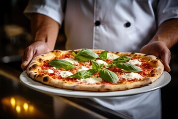 Taste of Italy. A pizzaiolo Chef from Naples Showcasing a Delicious Piping Hot Pizza. Copy Space. Neapolitan Gastronomy	
