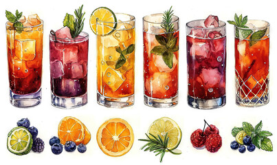 watercolor stickers glass ice drink fruit alcohol white background