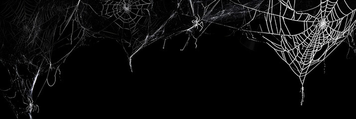 Real creepy spider webs hanging on black banner
