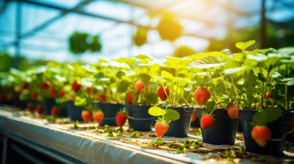 Rows of fresh strawberries grown in greenhouses. Organic agriculture concept. Generative AI - obrazy, fototapety, plakaty