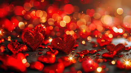 Romantic abstract glitter background with red sparkling hearts. Bokeh backdrop. Valentine's day concept. Generative AI