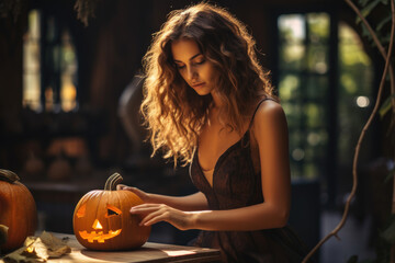 Young woman preparing for halloween sitting at the table with a pumpkin face - obrazy, fototapety, plakaty