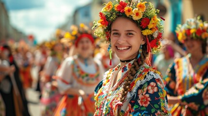 Fototapeta premium portrait of a woman in traditional clothing. traditional Easter parade with people in folk costumes, a celebration of cultural heritage in a vibrant community setting,