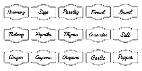 Herb tag, set of vector kitchen sticker, spice pepper label, spicy emblem, paper, salt, ginger, thyme, sugar, jar label