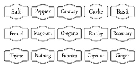 Herb tag, set of vector kitchen sticker, spice pepper label, spicy emblem, paper, salt, ginger, thyme, sugar, jar label - obrazy, fototapety, plakaty
