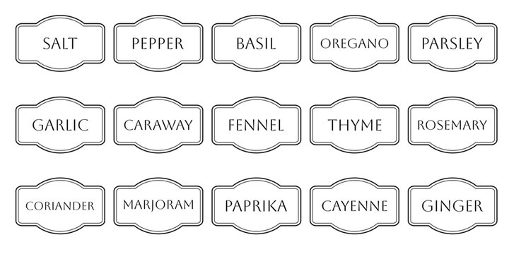 Herb tag, set of vector kitchen sticker, spice pepper label, spicy emblem, paper, salt, ginger, thyme, sugar, jar label