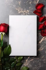 Deurstickers vertical mockup white blank paper sheet with red rose top view on black marble stone, template empty card flat lay with copy space © Маргарита Вайс