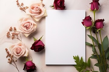 mockup white blank paper sheet with burgundy and pink roses top view, template empty card flat lay with copy space