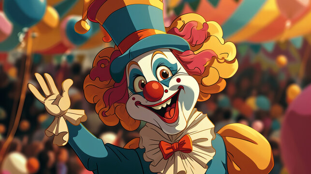 A cute clown in a circus ring, happy expression, stock illustration image