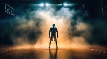 Wide-angle perspective of a basketball player positioned with their back to the basketball hoop, amidst impressive lighting and smoke effects on the court.