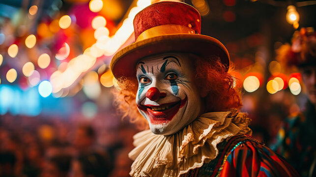 a clown face portrait, the joker wears a grinning smile with laughter in his eyes and a red nose, adding a twist to the circus spectacle.