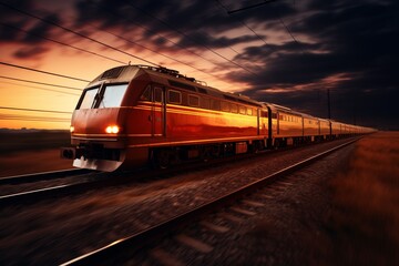 At sunset on the railway station, a high-speed train is in action. Modern passenger train travelling quickly on a railway platform. featuring a motion blur aesthetic. transportation for business - obrazy, fototapety, plakaty