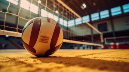Volleyball ball and net in voleyball arena during a match. - obrazy, fototapety, plakaty