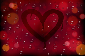 Heart drawn on a window full of water rain drops, blurred red background, valentine card vector illustration