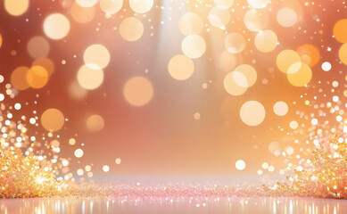 Fototapeta na wymiar Wallpaper for party, holiday, birthday, invitation in trending peach fuzz color. Banner of bokeh abstract peach, pink and purple, golden bokeh sparkles lights. Blurred shiny, glowing festive, bokeh