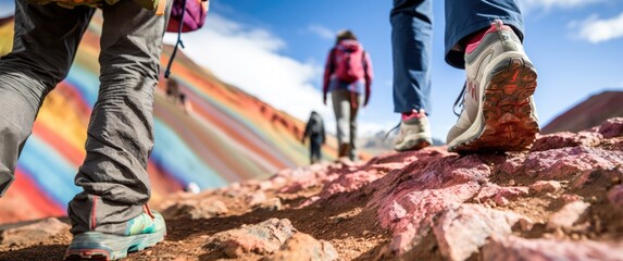 Low and Wide Angle Photo Capture Hikers Trekking the Rainbow Mountains in Peru, Embarking on an Adventure Through Nature's Stunning Alpine Landscape