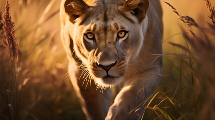 Lioness on the Prowl: Dramatic Image Amidst Tall Grass - A Striking Wildlife Hunt Unfolds