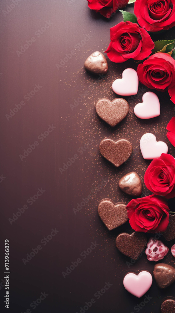 Wall mural St Valentines dark brown background with heart shaped candies and red roses, with copy space for text, couple love concept