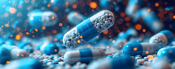 blue and white pills falling from a jar on a white,light-focused, blurred, rounded, dark cyan and silver,.