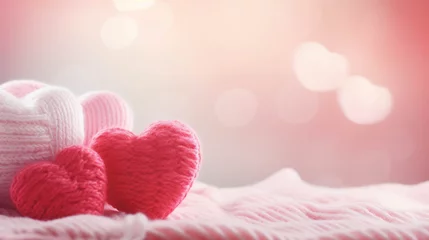 Fotobehang Happy st. Valentines day banner with knitted hearts on a knitted blanket, with copy space, couple love wedding concept © ARIA
