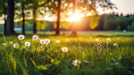 Serene Forest Meadow with Fresh Green Grass and Dandelions at Sunset: Beautiful Summer Nature Background with Copy-Space for Promotional Content.