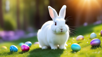 Fototapeta premium A very cute, white and fluffy Easter bunny on the green grass on a sunny spring day is looking for Easter eggs. A rabbit is on the lawn, looking for bright colorful eggs. Lots of eggs
