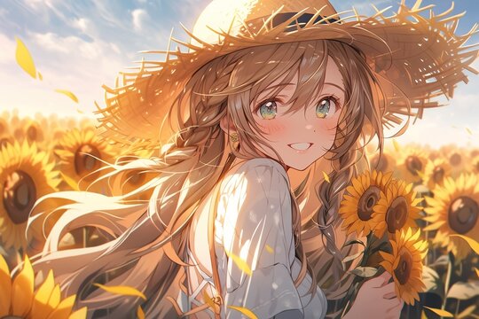 portrait of a pretty happy anime girl with blond hair in a straw hat on a field of sunflowers on sunny day