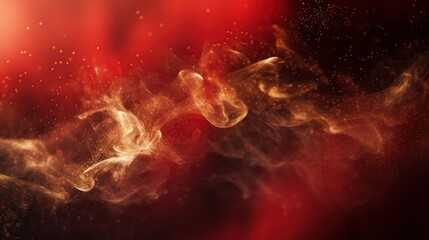 Abstract shinny golden glitter and particles with smoke on a dark red background. Futuristic glittering concept. Generative AI