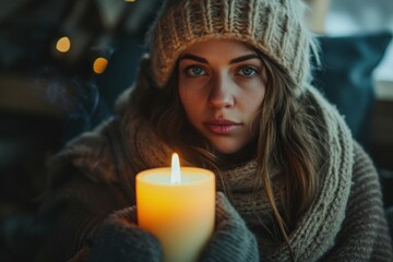 Young Woman Staying Warm by Candlelight During an Energy Crisis in Winter