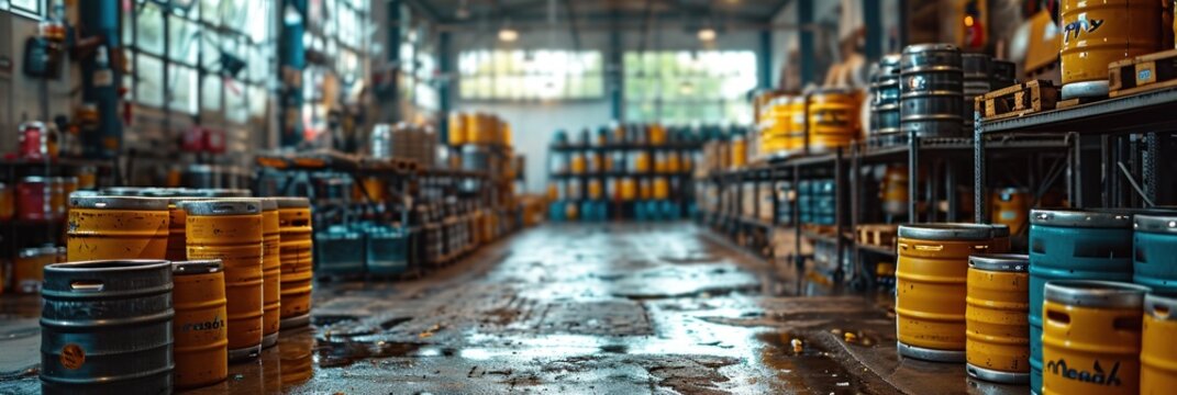 Rows of Stacked Beer Kegs in a Brewery Warehouse Awaiting Distribution