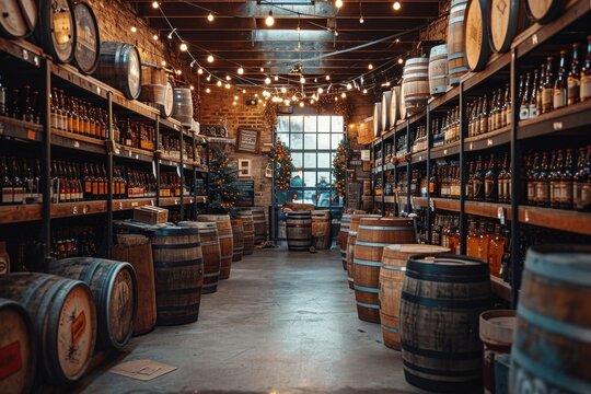 Rows of Stacked Beer Kegs in a Brewery Warehouse Awaiting Distribution - Powered by Adobe