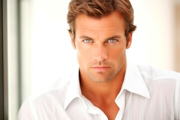 Portrait of a handsome young man in a white shirt looking at camera