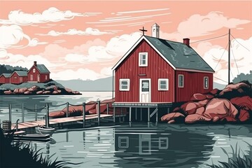 Red house coast dock Scandinavian navy marine nautical adventure. Graphic art. Generative AI