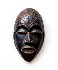 Traditional African mask with intricate colored details on a white background