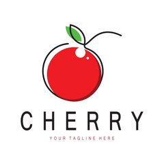 Fresh cherry fruit logo with minimalist leaf line art style. for fruit shop, cherry farm, cake, business,