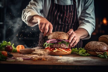 Culinary Mastery: A Burger Chef Expertly Dices Fresh Ingredients, Unveiling the Perfect Rustic Burger, a Culinary Artistry of Delicious Gourmet Cooking.

