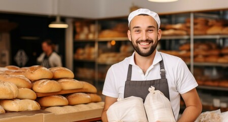 Young male baker holding baguette in bakery, focus on man