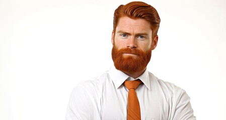 Portrait of a red-bearded businessman on white background.