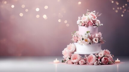White Cake and Flowers Wallpaper, generative ai