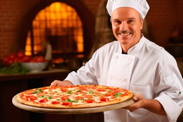 Portrait of a smiling chef holding pizza in his kitchen at restaurant