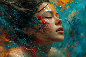 A vibrant digital artwork showcases a woman with colorful hair and face submerged in intricate oils.