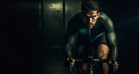 Fototapeta na wymiar Portrait of a young man riding a bicycle in a dark gym