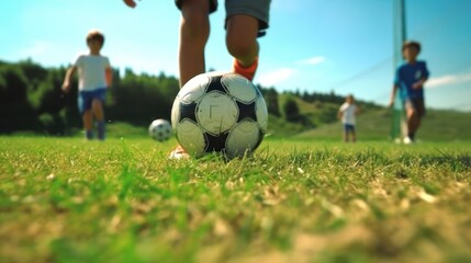 Obraz na płótnie Canvas Soccer ball tactics on grass field with barrier for training children jump skill.