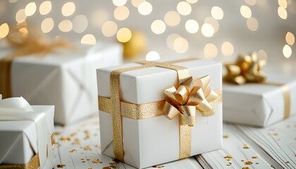 Obraz na płótnie Canvas Closeup of different white presents gift boxes with gold ribbon and glitter on white wooden table on white bokeh lights background