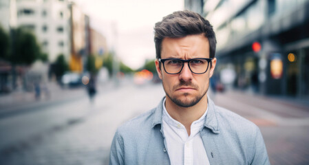 young handsome hipster man in eyeglasses on the city street