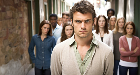 Obraz premium Portrait of serious young man standing in front of group of people